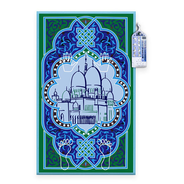 Tapis de prière éducatif interactif bleu – La Veilleuse Coranique